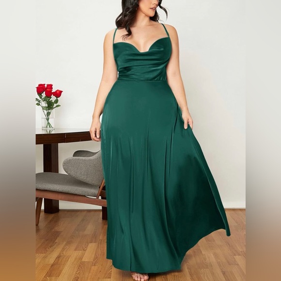 Luxe green draped backless slit thigh party formal dress